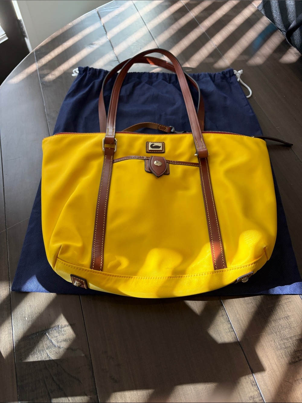 Dooney & Bourke Yellow Tote with Brown Leather Trim and Dual Carry Straps